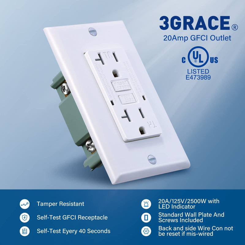 [Australia - AusPower] - 20 Amp GFCI Outlet, Tamper-Resistant GFI Receptacle with LED Indicator, Self-Test Ground Fault Circuit Interrupter, Decorator Wall Plates and Screws Included, UL Listed, White (1 PACK) 20A 1 Pack 