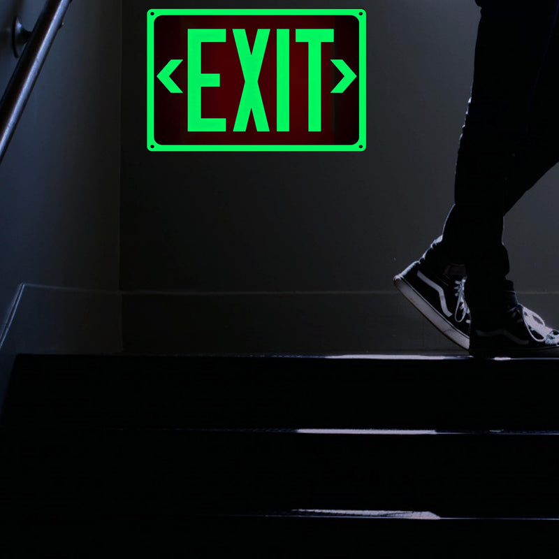 2Pack Photoluminescent Exit Sign Aluminum - 14x10 Inches Glow In Dark Exit Sign with Adhesive Backing - Removable Arrows Included - Non Electrical Red Exit Light For 50 Feet Visibility 14"X10"-2PACK