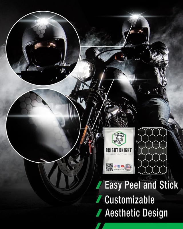 BRIGHT KNIGHT DECALS Hexagon Reflective Stickers for Helmet - Black, Pack of 2, Motorcycle Helmet Stickers, 3M Waterproof Reflective Vinyl Tape for Hard Hats, Cars & Bike Decals for Night Visibility 2 pk