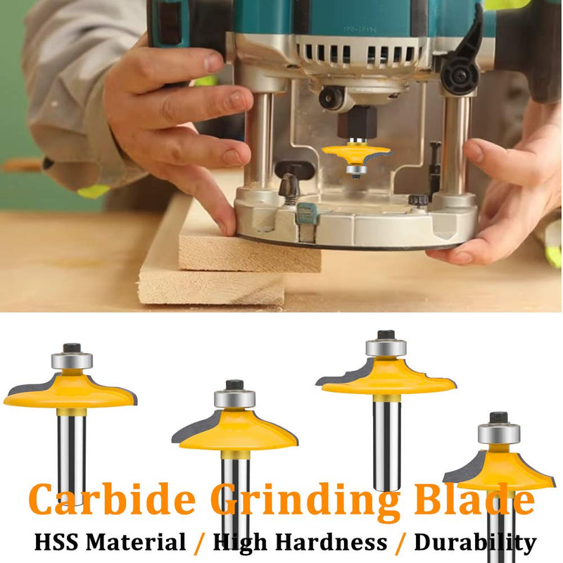 TAIWAIN Router Bit Set 4PCS 1/4 Inch Shank Door&Drawer Front Edging Bits, Miter Frame Crown Molding Wood Milling Cutter Router, Woodworking Miter Carbide CNC Cutting Tool for Woodwork(F-1-4MG) 4