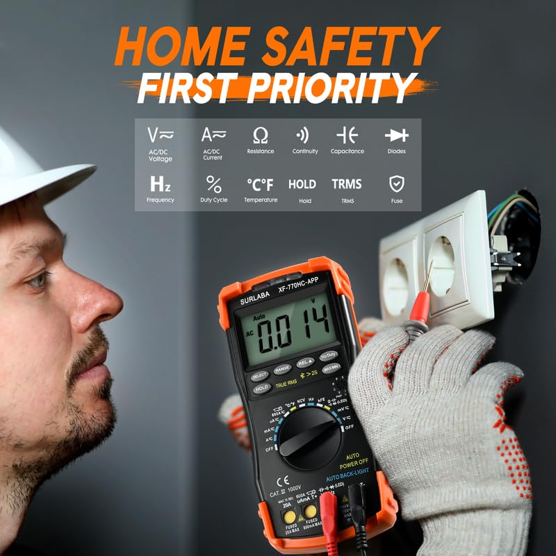 [Australia - AusPower] - 6000 Counts Bluetooth Digital Multimeter, Auto-ranging TRMS Volt Meter for AC/DC Voltage, Current, Resistance, Diode Test, Temperature, Capacitance with Lamp NCV, Orange 