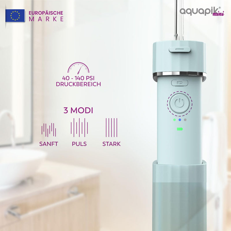 [Australia - AusPower] - Wireless Portable Oral Irrigator | Aquapik® Mini | Portable Water Flosser, IPX7 Waterproof, 1200 Pulses/min (40-140 PSI), 21 Days Battery (1100mAh), 4 Nozzles (Implants & Braces) (Blue) Blue tragbar 