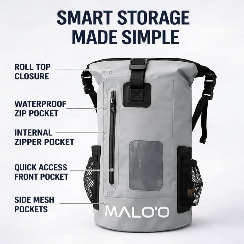 Malo’o 30L Waterproof Dry Bag Backpack – Roll Top Heavy Duty 500D PVC Dry Pack with Padded Straps, IPX6 Waterproof, Keeps Gear Dry for Kayaking, Fishing, Beach, Camping & Travel Dark Blue 30l Dry Backpack