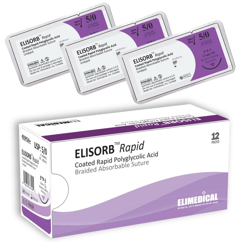 [Australia - AusPower] - ELISORB Rapid Suture with Precision Reverse Cut Needle, 12 Pack. Sutures for Surgical Wound Training Students, Practice and Educational Use. Multifil Rapid Absorbable PGA 5/0 VQ UN, 18”, P3, 493PGA+ 