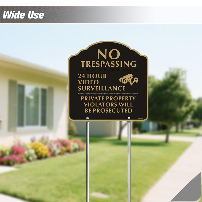 No Trespassing Signs with 12" Stake,Yuntarda 12”x12”(2-Pack) Private Property Video Surveillance Signs Aluminum Metal Sign UV Print Weather Resistant for House or Home Black-Video Surveillance with 12" Stake-2pcs