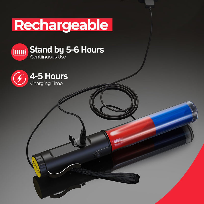 [Australia - AusPower] - Traffic Wand Rechargeable, 10 Inch Traffic Control Baton Light with 4 Flashing Modes and 1 White LED on Top, Air Marshaling Signal Wand with Side Clip for Airport, Parking, Car Directing, 1 Pack Red Blue 
