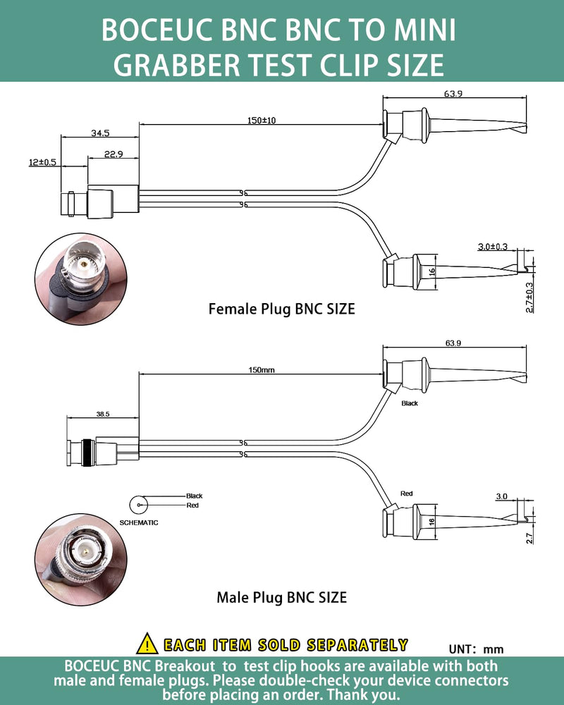 [Australia - AusPower] - BNC Test Leads, BNC(Male) to Mini Grabber Test Clip, Test Lead Breakout Cable for Multimeter, 5A Current Rating, 1 Pack Male Plug 