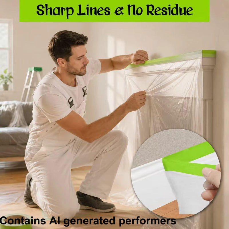 Pre-Taped Masking Film for Painting - 44" x 66'Painters Plastic roll,with Automotive Paint Tape,Decoration Painters Plastic,Windows and Furniture Protection (2 Rolls) 44in x 66ft 2Rolls 2