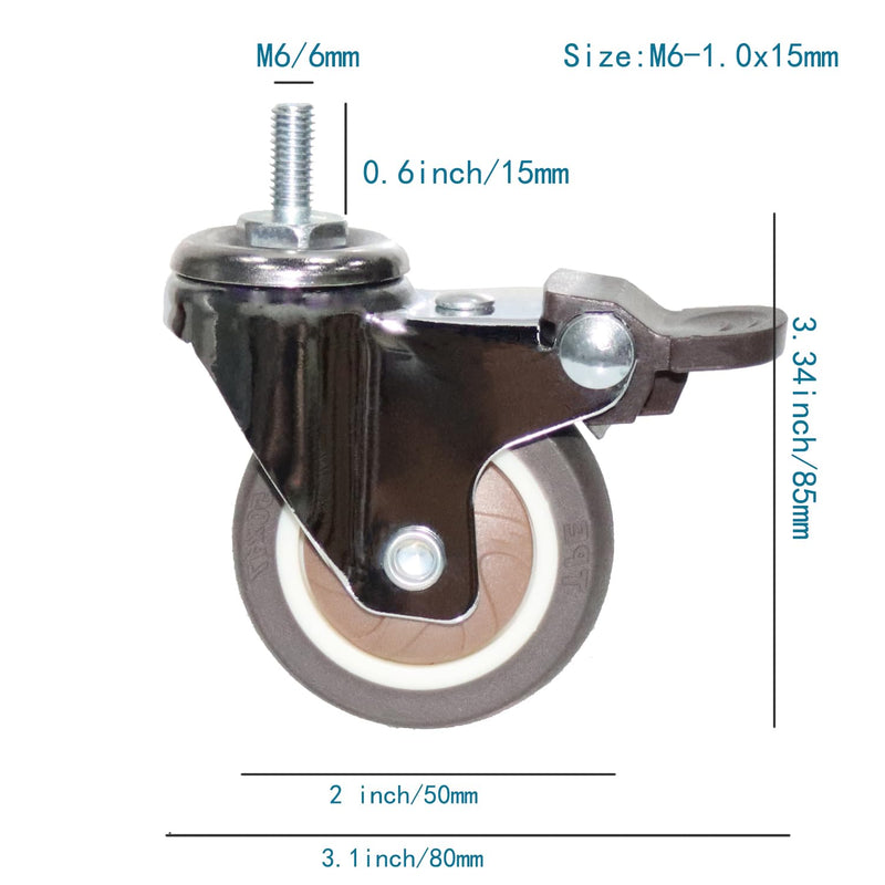 [Australia - AusPower] - Stem Casters, 360 Degree Swivel Stem TPR Wheels with Metric M6-1.0x15mm M8-1.25x15mm M10-1.5x15mm Thread Industrial Castors for Carts, Furniture, Dolly, Workbench 2.0 inch with Brakes 