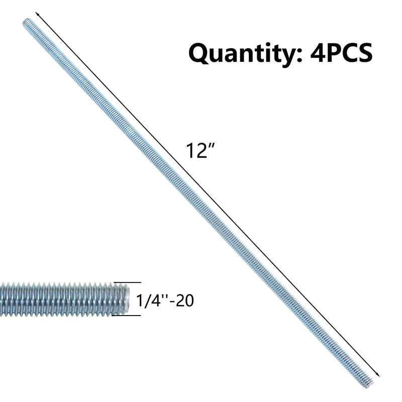 Fully Threaded Rod, Zinc Plated Finishing, 1/4" -20 Thread Size, 12" Length, Right Hand Threads