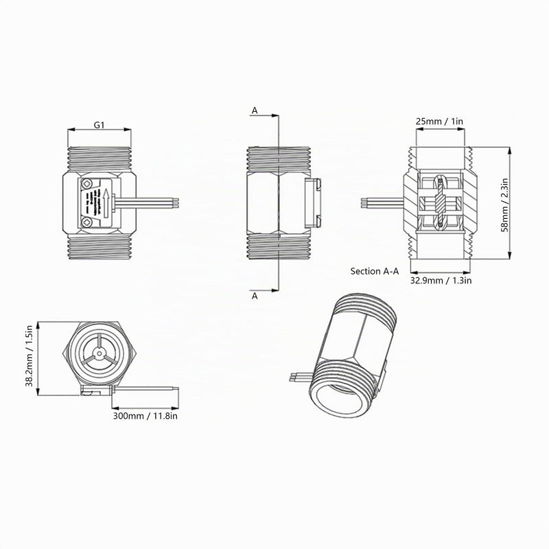 YF-B10 Water Flow Sensor Hall Flow Meter 1 Inch (1.3 Inch) External Wire Copper Water Flow Sensor Turbine Flow Meter