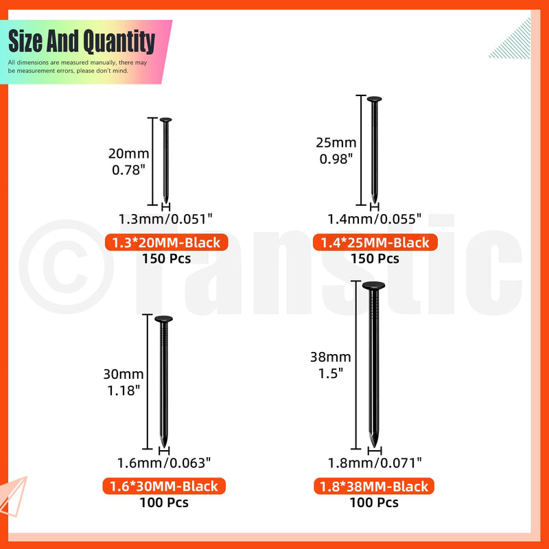 [Australia - AusPower] - Tanstic 500Pcs 4 Sizes Hardware Nails Assortment Kit Finishing Nails Nails for Hanging Pictures Small Nails Wall Nails for Picture Hanging Woodworking(Black) Black 