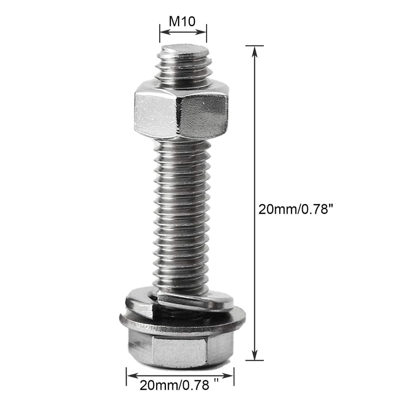 [Australia - AusPower] - M10-1.5x20mm Stainless Steel Hex Head Screws Bolts Nuts Flat Lock Washers Kits 304 Stainless Steel (A2-70) Full Thread Bright Finish Machine Thread（5 Sets） M10-1.5x20 