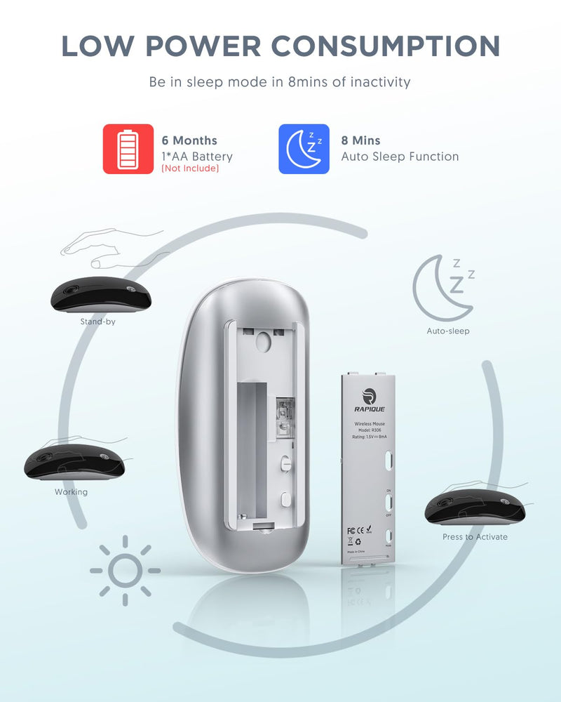 [Australia - AusPower] - Bluetooth Wireless Mouse - (BT5.1+USB) Slim Dual Mode Computer Mice with Quiet Click, Low Power, and 1600 DPI, Portable Cordless for MacBook, Laptop, iPad Pro/Air, Chromebook (White) White 