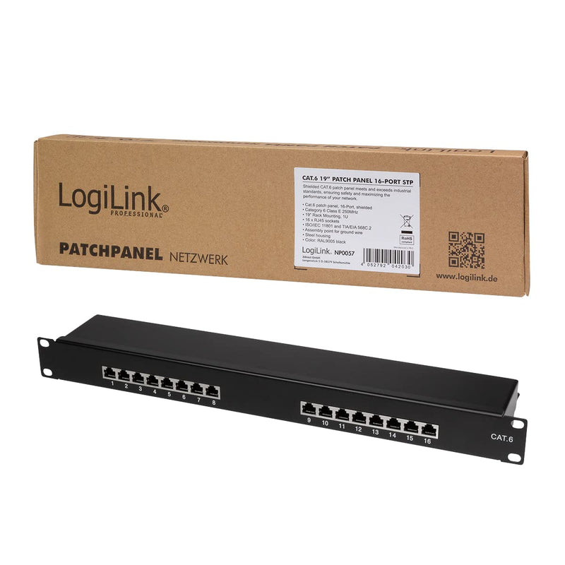 'LogiLink Professional Primeline Field Patch Panels, 19, STP (Shielded), Black CAT.6 16-Port