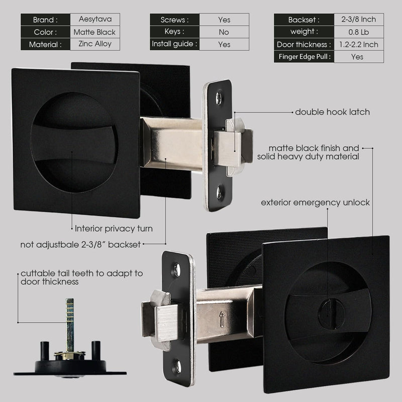 Black Pocket Door Hardware, 2 3/8" Backset, Zinc Alloy Heavy Duty Square Matte Black Pocket Door Lock, Solid Sliding Pocket Door Handle(1 Pack) 1 Pack 2 3/8"