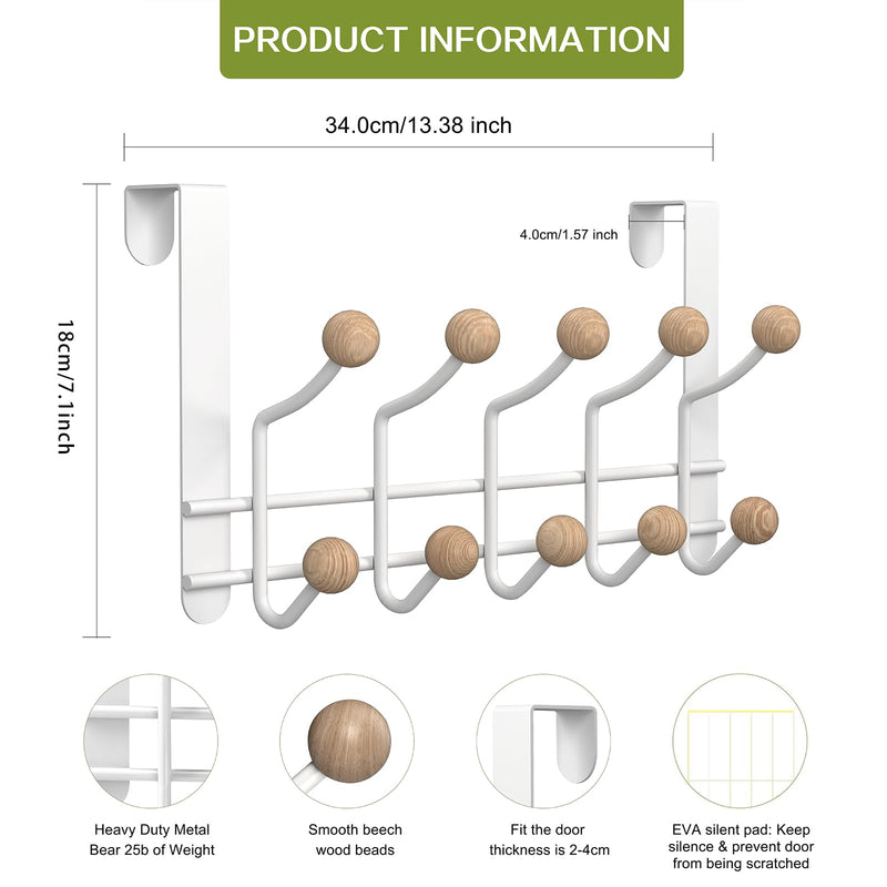 [Australia - AusPower] - 2 Pack Over The Door Hooks,Sturdy Metal Over Door Organizer Rack with 10 Wooden Hooks for Living Room, Bathroom, Bedroom, Kitchen Hanging Clothes, Towels, Hats, Coats, Bags-White White(2 pack hangers with 10 hooks) 
