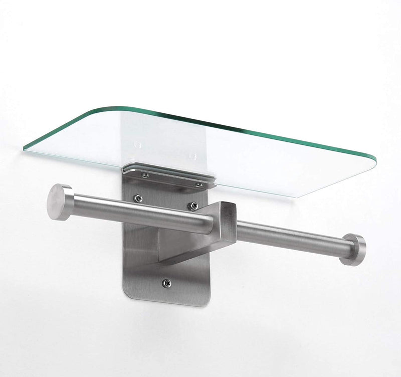JackCubeDesign Double Toilet Paper Holder with Glass Shelf, Wall Mount Stainless Steel Dual Tissue Dispenser Holders for Bathroom (Glass Type2) - MK428D Glass Type2
