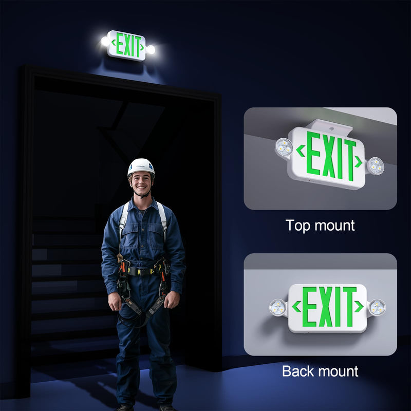 Led Exit Sign Emergency Light Combo Adjustable Two Head,Double Sided and Battery Backup Exit Light,Green Letter Hardwired Emergency Exit Sign,AC 120/277V,UL Listed,Ceiling&Wall Mount (1 Pack) 1 Pack