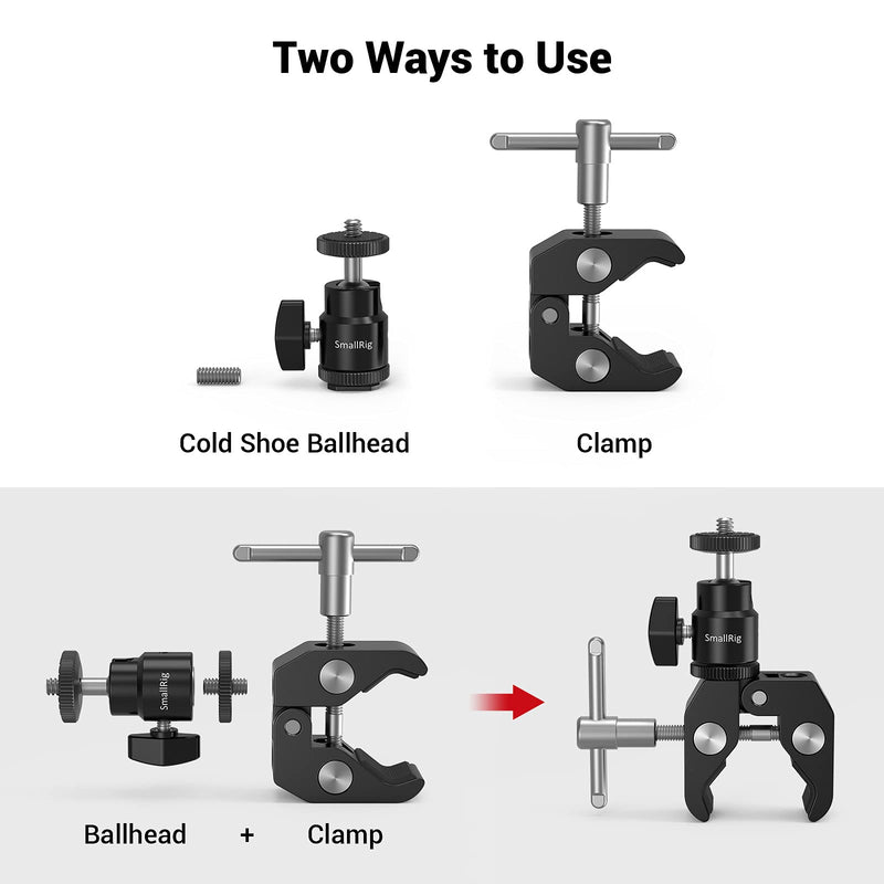 [Australia - AusPower] - SmallRig Super Clamp Mount with Mini Ball Head Mount, Hot Shoe Adapter with 1/4 Screw for LCD Field Monitor, LED Lights, Flash, Microphone, for Gopro, for DJI Action 2, for Insta360-1124 