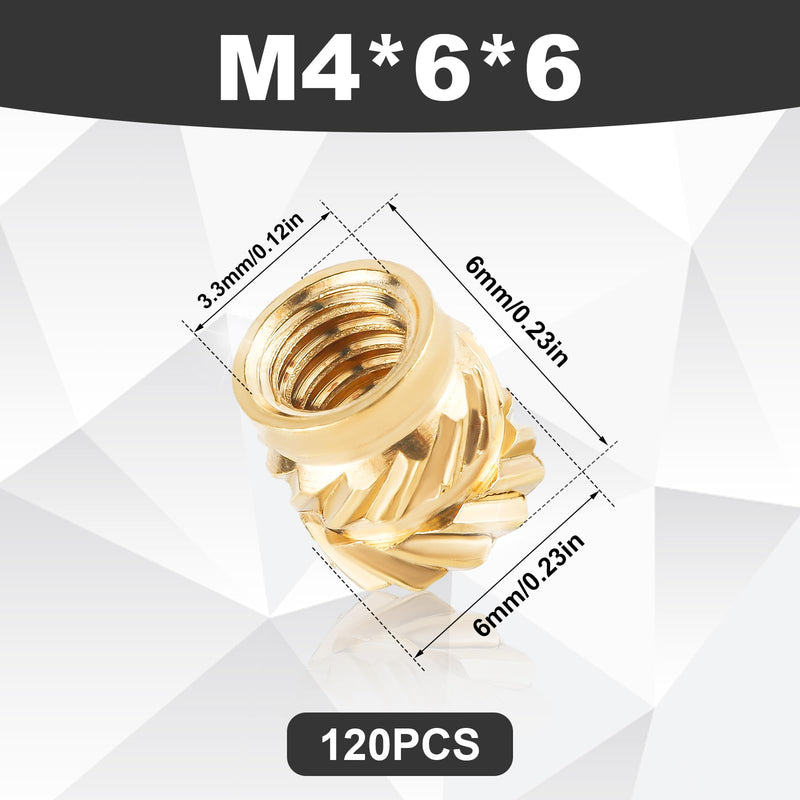 [Australia - AusPower] - 120pcs 3D Printing Brass Nuts, M4x6x6mm Threaded Heat Set Inserts M4 Knurled Brass Nuts Heat Embedment Nut for 3D Printing Parts Loptop Automotive Plastic Shell 