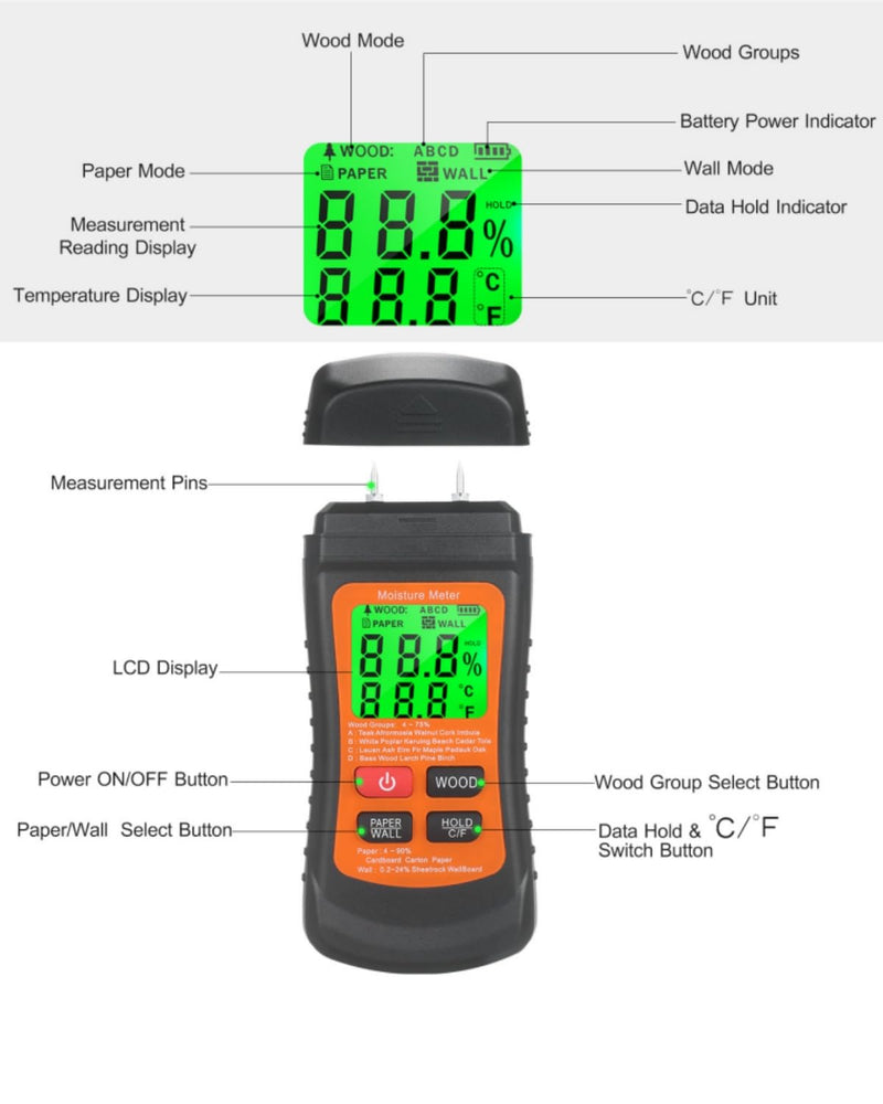 [Australia - AusPower] - Moisture Meter for Wood, Wall, Paper, with Backlight LCD Display, 7 Modes, Pin-Type Water Leak Detector 