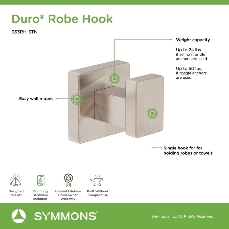 Symmons 363RH-STN Duro Wall-Mounted Robe Hook in Satin Nickel