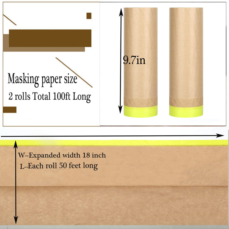 [Australia - AusPower] - Masking Paper, paint masking, 2 Pack Automotive Paint Paper Roll with Tape, Tape and Drape for Painting, Assorted Paint Masking Paper for Car and Furniture (Unfold 18 inch Width X 100 ft Long) 