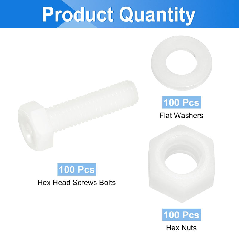 [Australia - AusPower] - uxcell 300 Pcs/100 Sets Nylon Hex Bolts, M8 x 30mm Plastic Full Threaded Hex Head Screws Bolts and Nuts with Flat Washers for Machinery Electronics Industrial Accessories, White 