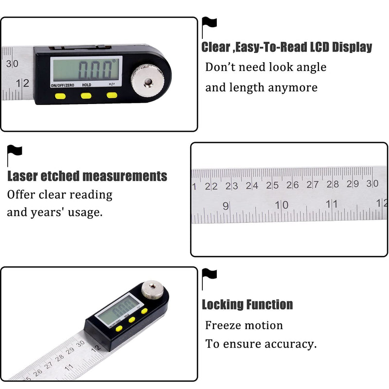 [Australia - AusPower] - Delgada 12 inch/300mm Digital Angle Finder Tool Stainless Steel Digita Protractor Angle Ruler Finder Tool for Woodworking with Zeroing and Locking Function Battery 