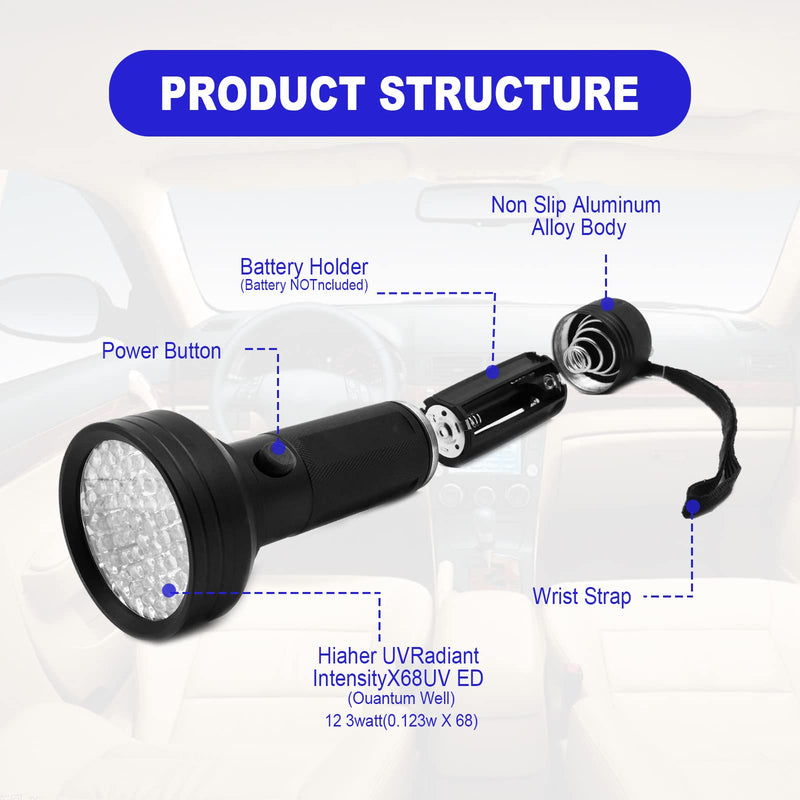 AC UV Oil Dye Leak Detection Kit Includes Pro 68 LED Flashlight with UV Protective Glasses, Auto Air Conditioner Leak Detector Tool Flashlight Car Oil AC Dye Leak Test Pro Detection Kit