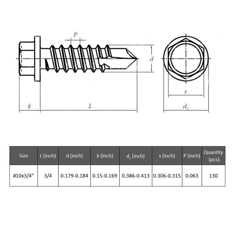 [Australia - AusPower] - 130Pcs #10 x 3/4" Self Drilling Screws for Metal,410 Stainless Steel Black Zinc Plated,Self Tapping Sheet Metal TEK Screws,Hex Washer Head #10 x 3/4 inch Black Hex Washer Head 