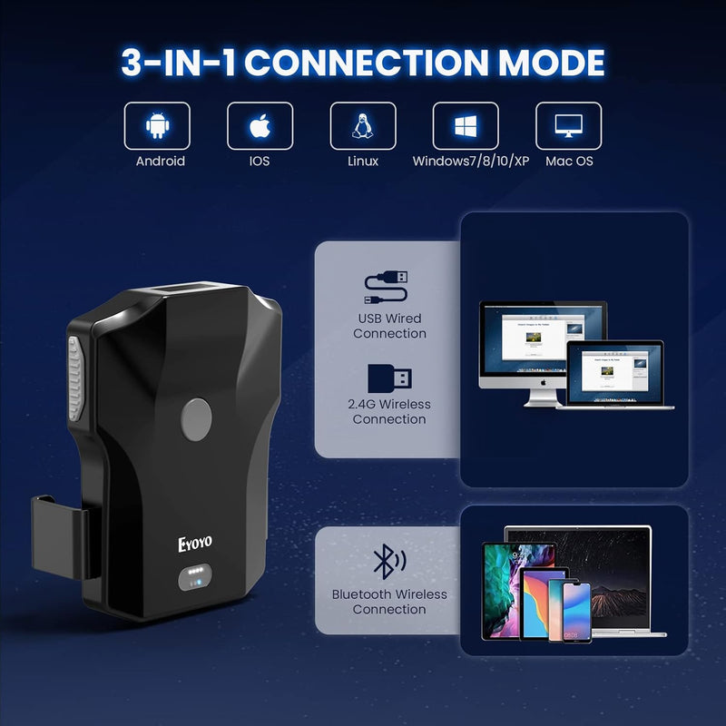 [Australia - AusPower] - Eyoyo 2D Bluetooth Barcode Scanner, Wireless Back Clip Compatible with 4.7"–7.2" Android and iPhone, USB Rechargeable with Battery Level Indicator, Ideal for Book Library and Inventory Management 
