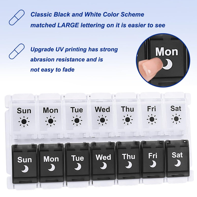 [Australia - AusPower] - HRX Package Pill Organizer 2 Times a Day, Easy Fill & Open Weekly Medicine Box Vitamin Cases for 7 Day AM PM Black and White 