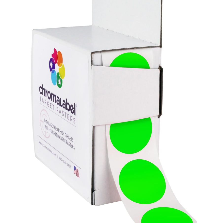 ChromaLabel 1 Inch Permanent Round Target Pasters for Shooting and Marksmanship, 1000 Labels per Dispenser Box, Fluorescent Green