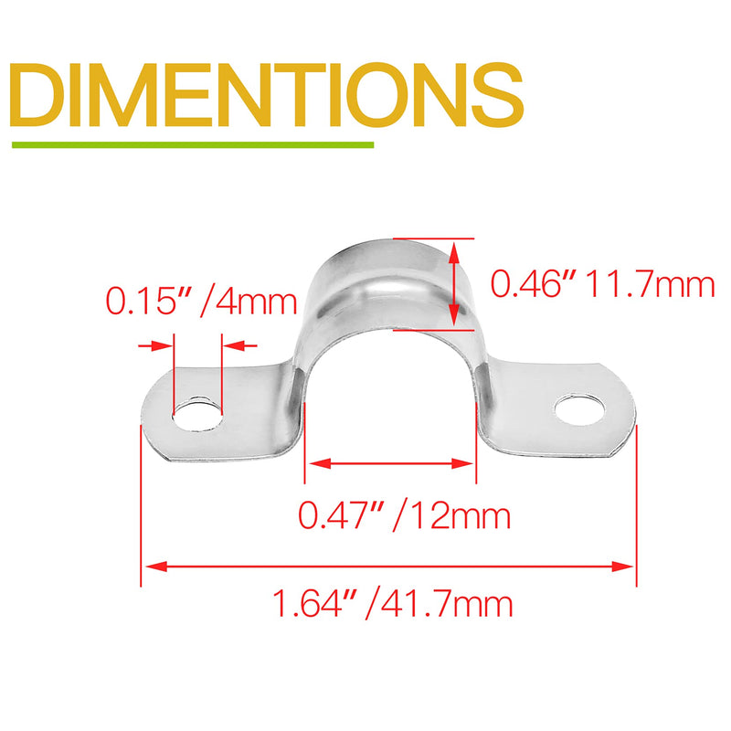 [Australia - AusPower] - 50 Pack 12MM Two Hole Strap U Bracket 304 Stainless Steel Rigid Pipe Strap Clamp Heavy Duty Tube Strap Tension Clip (1/2 Inch) 12mm / 1/2inch, 50pack 