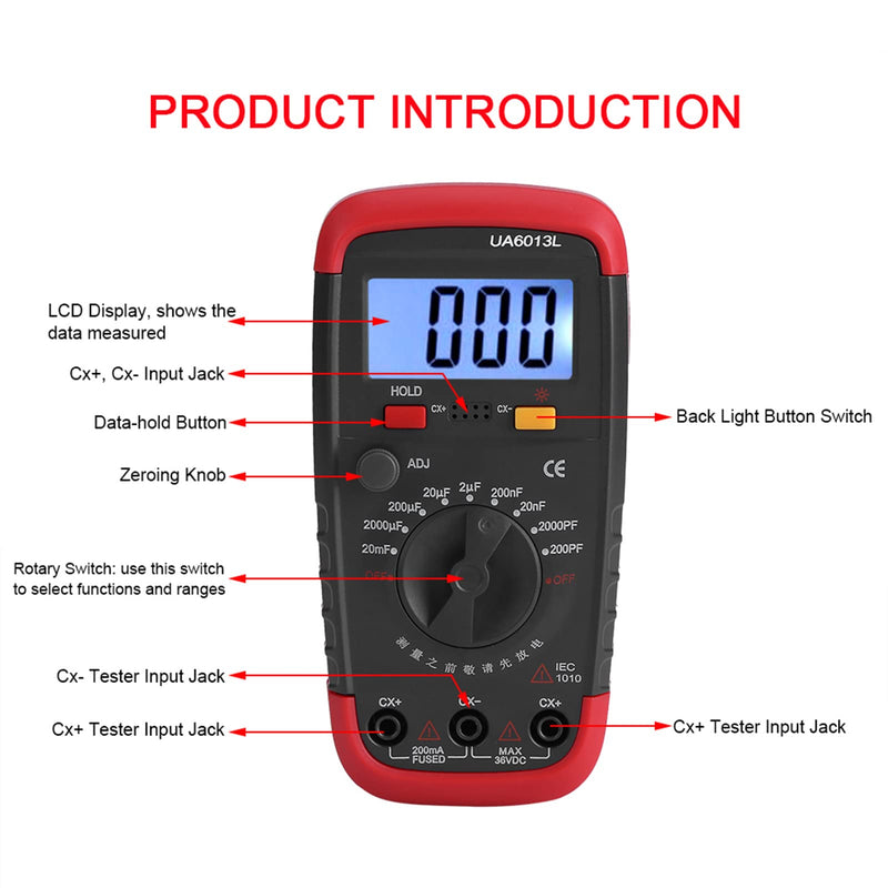 [Australia - AusPower] - Digital Capacitance Meter, Multimeter Professional Capacitor Tester, 0.1pF-20,000uF Capacitor Tester, 9 Files Battery Powered Capacitor Meter Tester with 6013L LCD Display 