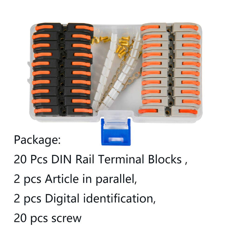 [Australia - AusPower] - DIN Rail Terminal Blocks kit,Universal Compact Wire Wiring Connector (20 pcs connectors+2 pcs Article in Parallel+ 2 pcs Digital Identification+2Pcs Fixed clamp+20 pcs Screw) 20 pcs connectors 