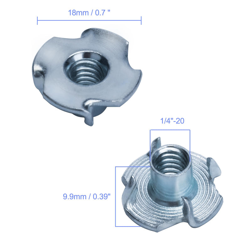 [Australia - AusPower] - 1/4"-20 T-Nuts (100 Pack), T-Nut 4 Pronged Tee Nut Zinc Plated Steel, Durable Threaded Insert Tee Nut for Wood, Rock Climbing Holds, Cabinetry,Furniture (1/4) 1/4 