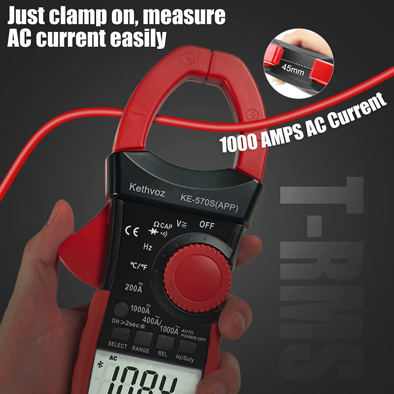 [Australia - AusPower] - Bluetooth Clamp Meter Clamp Meter, Kethvoz Anto Range True-RMS Current Clamp NCV Voltmeter 570S-APP Measure AC/DC Voltage Current, Continuity Resistance Capacity Temperature 1000A Bluetooth Clamp Meter 570SAPP 