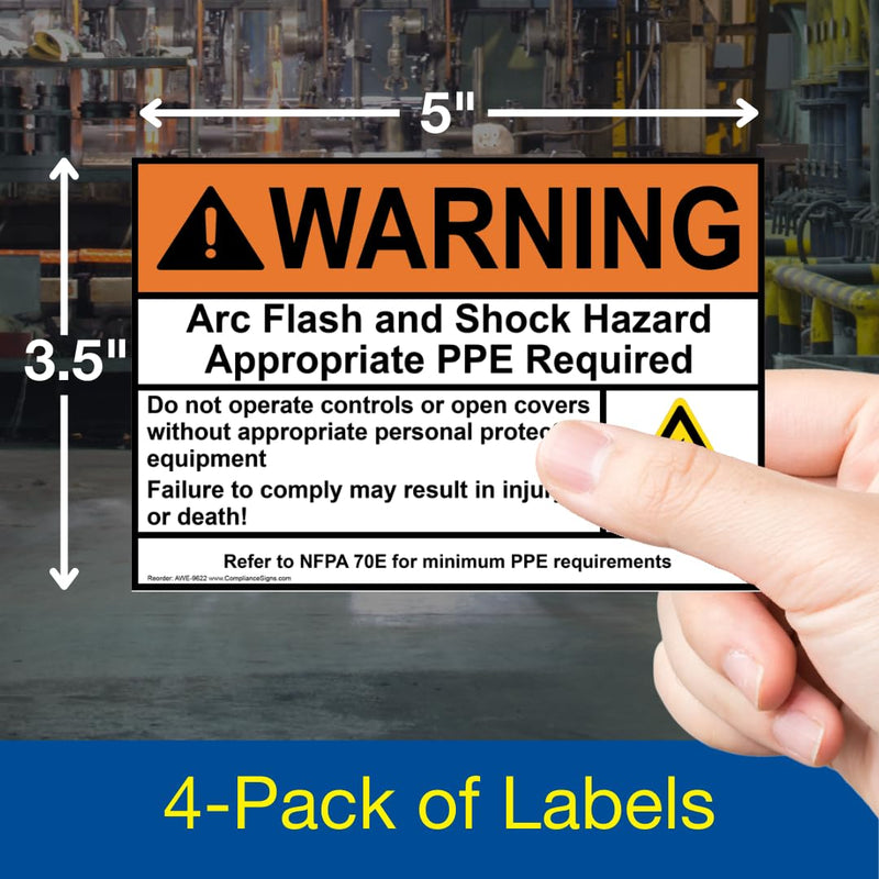 ComplianceSigns.com WARNING Arc Flash And Shock Hazard Appropriate PPE ANSI NFPA 70E Label Decal, 5x3.5 inch 4-Pack Vinyl for Electrical, American Made Safety Signs for the Workplace