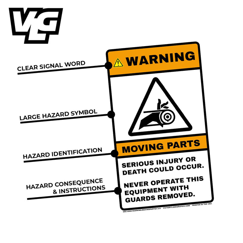 WARNING Moving Parts Label #4 – 3" x 5" Vertical ANSI Z535 Safety Sticker, Ultra Tack Laminated Vinyl for Industrial Machinery & Equipment – 10 Pack