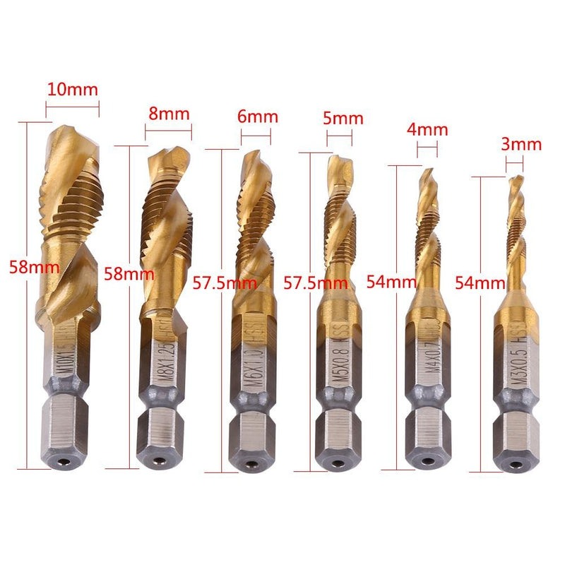 Drill Tap Set 6 Pieces Titanium Coated HSS Drill Bit M3-M10 1/4 Inch Hex Shank for Lathe Machine Tap Cutting