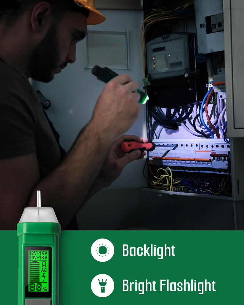 [Australia - AusPower] - Voltage Tester, TESMEN TN-213 Non-Contact Voltage Tester, Electrical Tester, AC 12V-/70V-1000V, Dual-Range, LCD Display in Percentage, Buzzer Alarm, Live Wire Tester, Wire Breakpoint Finder - Green 