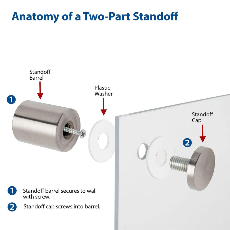 Stainless Steel Standoff 1 Inch Diameter x 6 Inch Barrel Length Brushed Finish for PVC, Glass and Acrylic Sign Stand Off Wall Anchors and Screws 4 Piece Pack for Heavy Signs