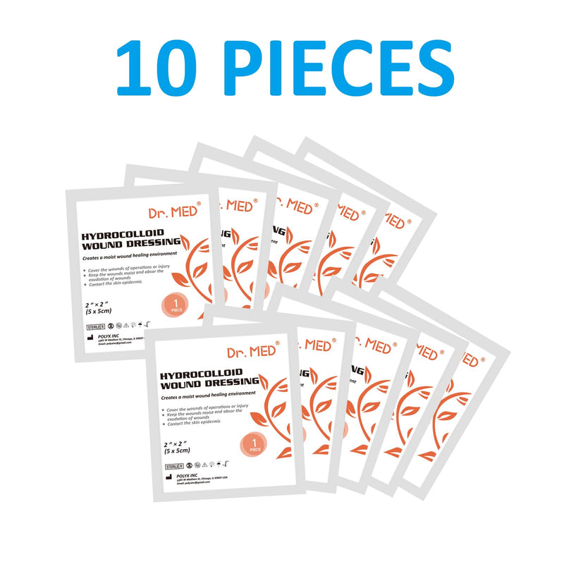 [Australia - AusPower] - Dr. Med Hydrocolloid Wound Dressing 2"x2"-10 Pack/Box, Waterproof Adhesive Bordered Bandage, for Light Exudate, Abrasions, Pressure Ulcer, Bed Sore, Superficial Wound Care 