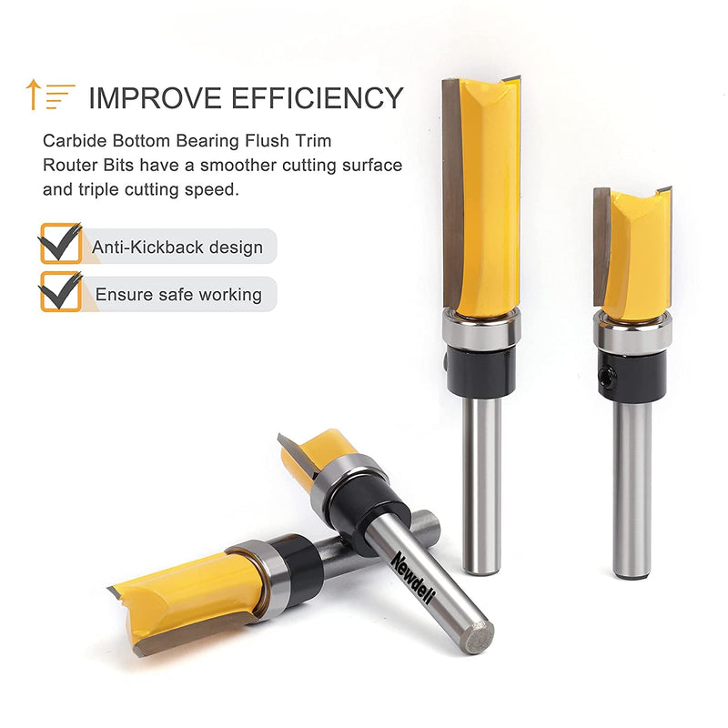 [Australia - AusPower] - Pattern Flush Trim Router Bit Set, Newdeli Straight Cut Router Bit with a Bearing Prevent Tear-Out, Template Guide Woodworking Milling Cutter Tool Pattern Flush Trim Router Bit Set 