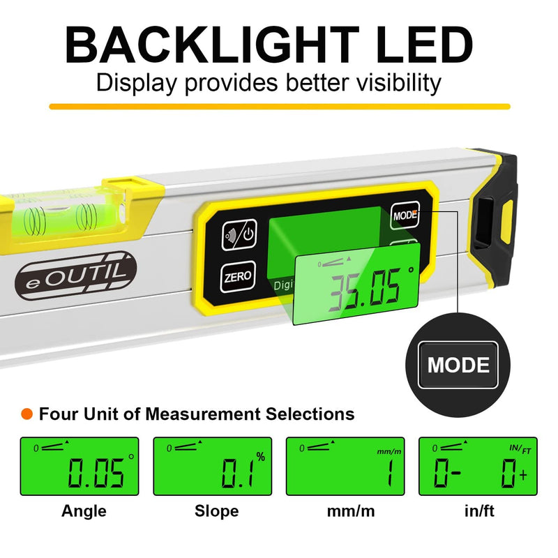 [Australia - AusPower] - Digital Level and Protractor, 12 Inch IP54 Protected Electronic Bubble Inclinometer Angle Finder with Large LED Backlight and Magnetized V-Groove Base(Yellow 