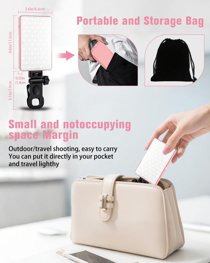 168 LED Selfie Light for iPhone, Phone Light, 3000mah Rechargeable Picture Light Clip Portable Lights for Phone, Camera, Laptop, iPad, 3 Lights Modes for Makeup, Video Conference, TikTok, Vlog (Pink) Pink