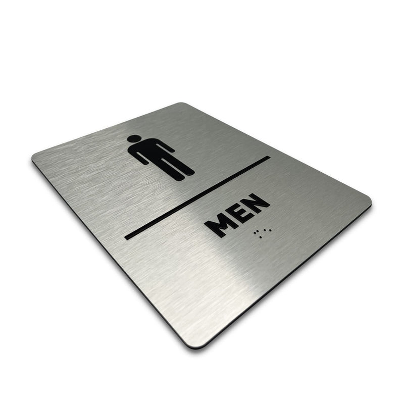 Men Bathroom Sign by GDS - ADA Compliant, Wheelchair Accessible, Raised Icons, & Grade 2 Braille - Includes Adhesive Strips for Easy Installation - Bathroom Signs for Business, Restroom Sign, Restroom Signs for Business - 6" W x 8" H (Brushed Aluminum)...